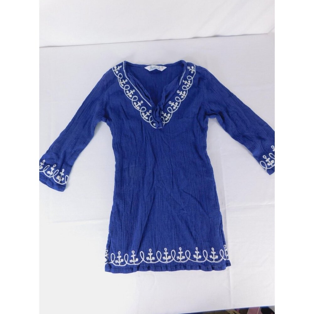 Just Shirt Womens Small Blue Embroidered Anchor Nautical Cotton Tunic 3/4 Sleeve